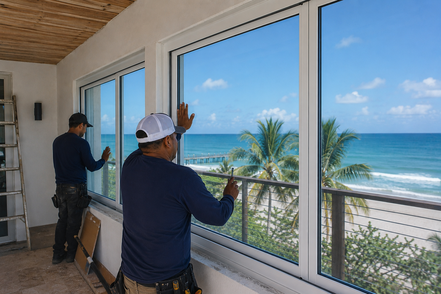 Two workers installing or inspecting large window panels in a beachside building with a view of the ocean, palm trees, and a pier.