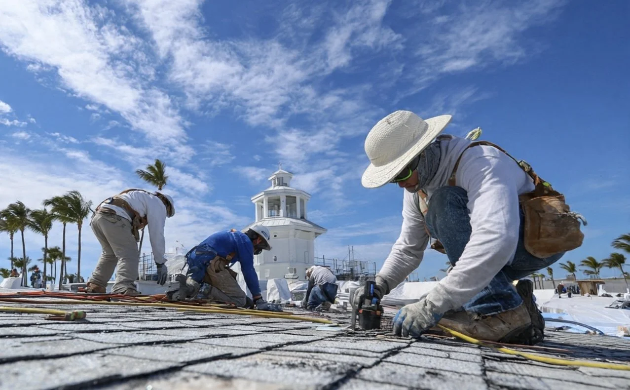 Workers installing or repairing a roof under a blue sky with palm trees in the background.