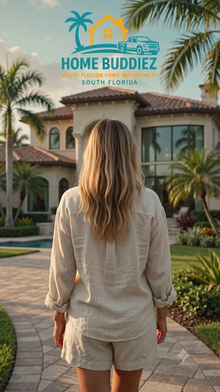 A woman with long blonde hair wearing a cream-colored jacket and shorts walking toward a luxurious house with palm trees in South Florida during daytime. There is a logo for 'Home Buddiez' above the house, with a palm tree, house, and truck graphic, and the text 'South Florida Home Improvement'.