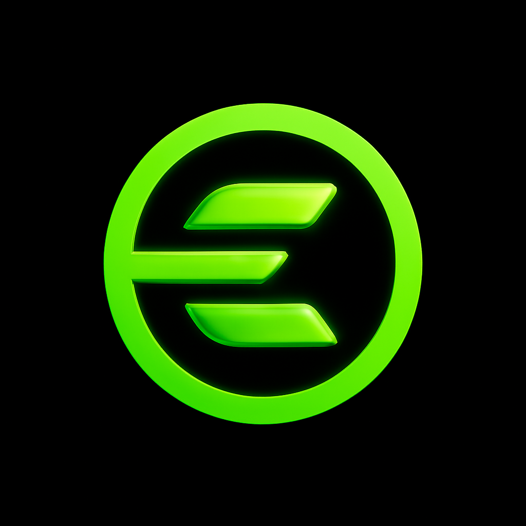 Neon green logo of a stylized dollar sign inside a circle on a black background.