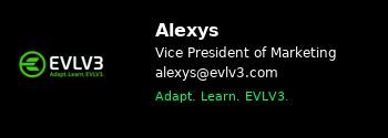 Company branding with EVLV3 logo and contact information for Alexys, Vice President of Marketing