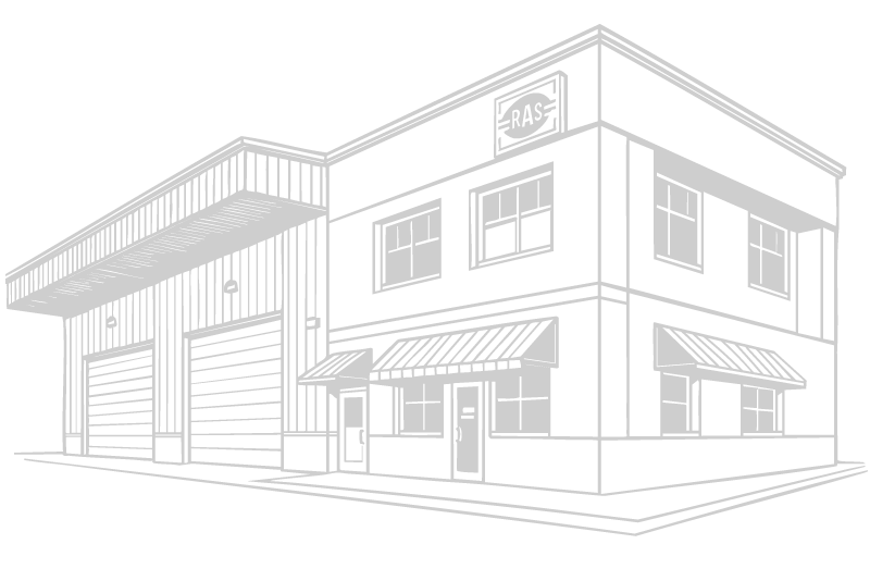 Black and white line drawing representing Rochas Auto Service in Redding and Anderson, California