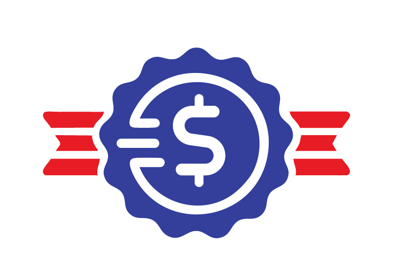 A blue ribbon with a dollar sign representing Rochas Auto Service in Redding and Anderson, California