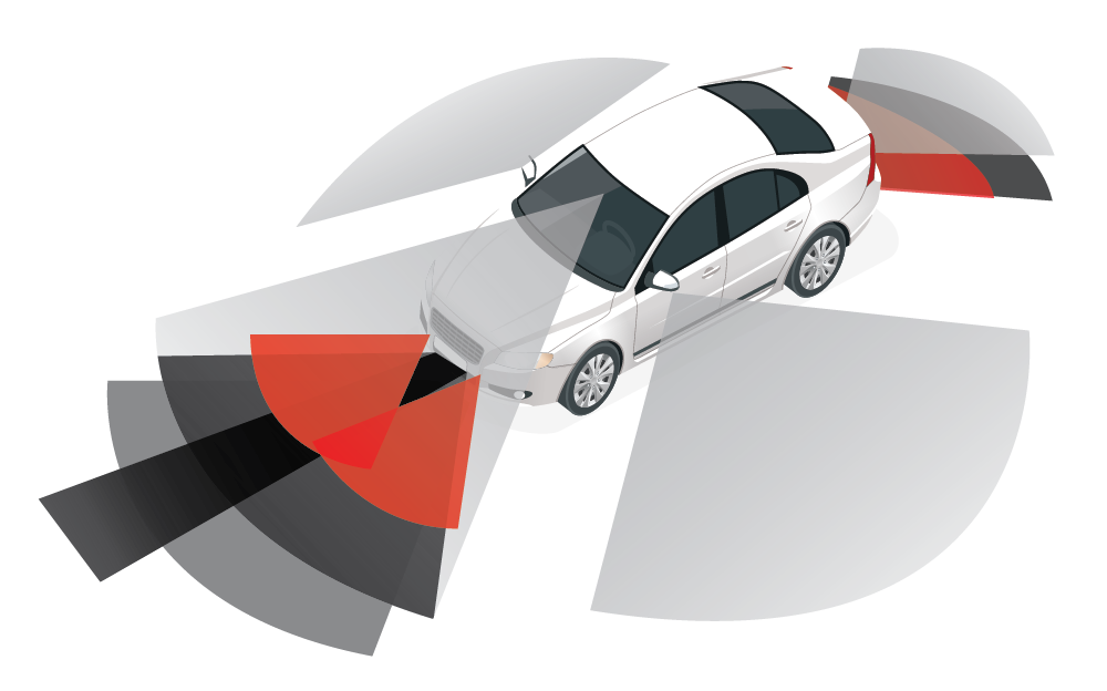 Diagram of a car with sensors and parking assist system indicated, showing the detection range, as part of a parking assistance graphic.