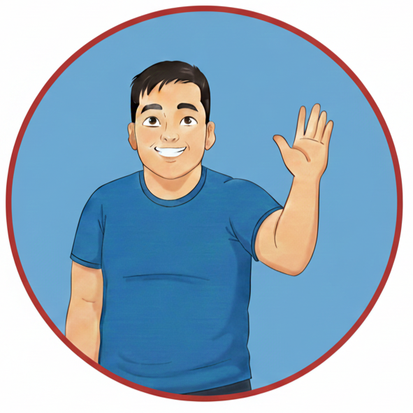 A cartoon boy with short dark hair, wearing a blue t-shirt, smiling and waving with his right hand, inside a circular frame with a blue background.