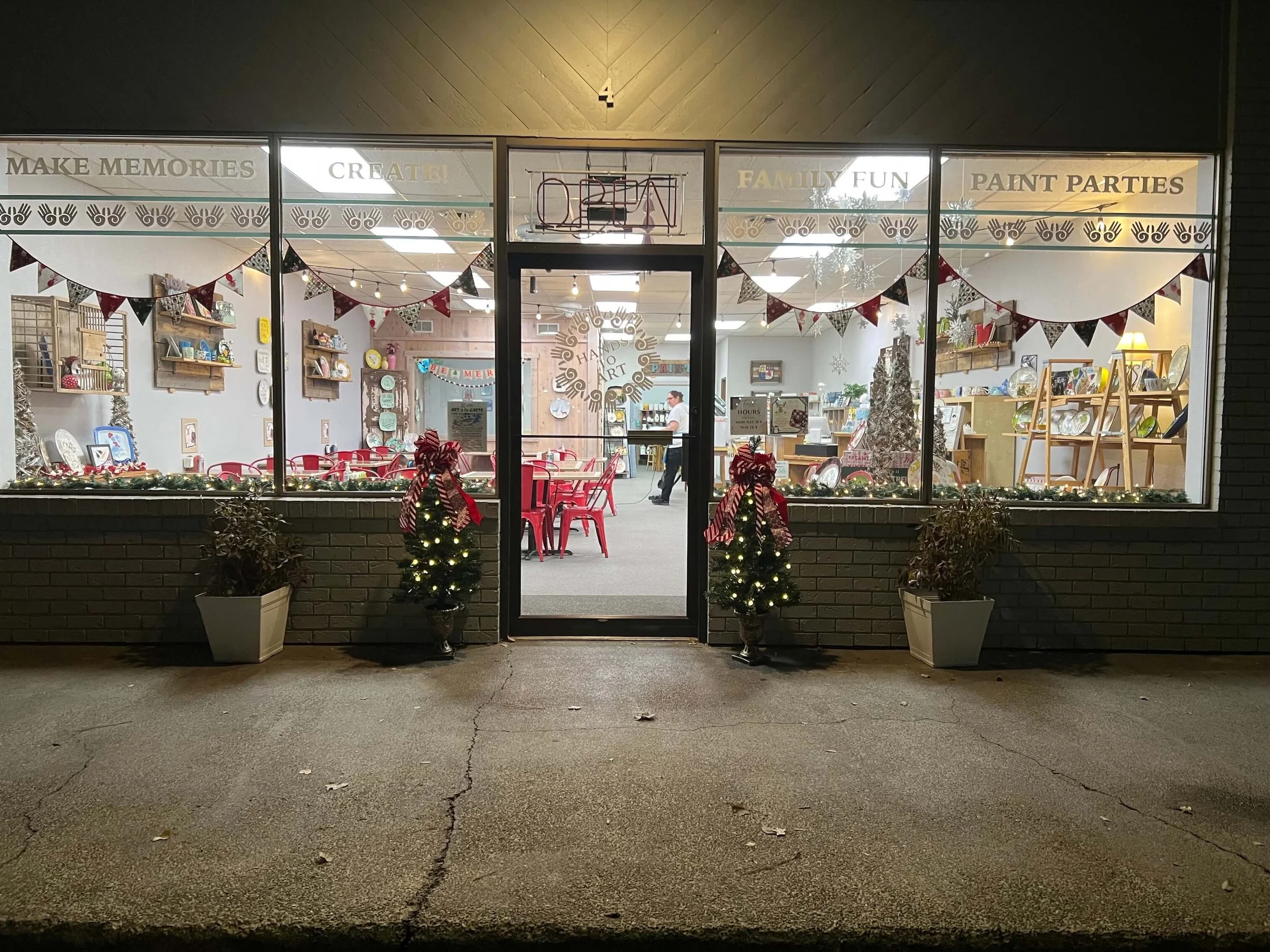 Looking through the front windows of Hands to Art Studio