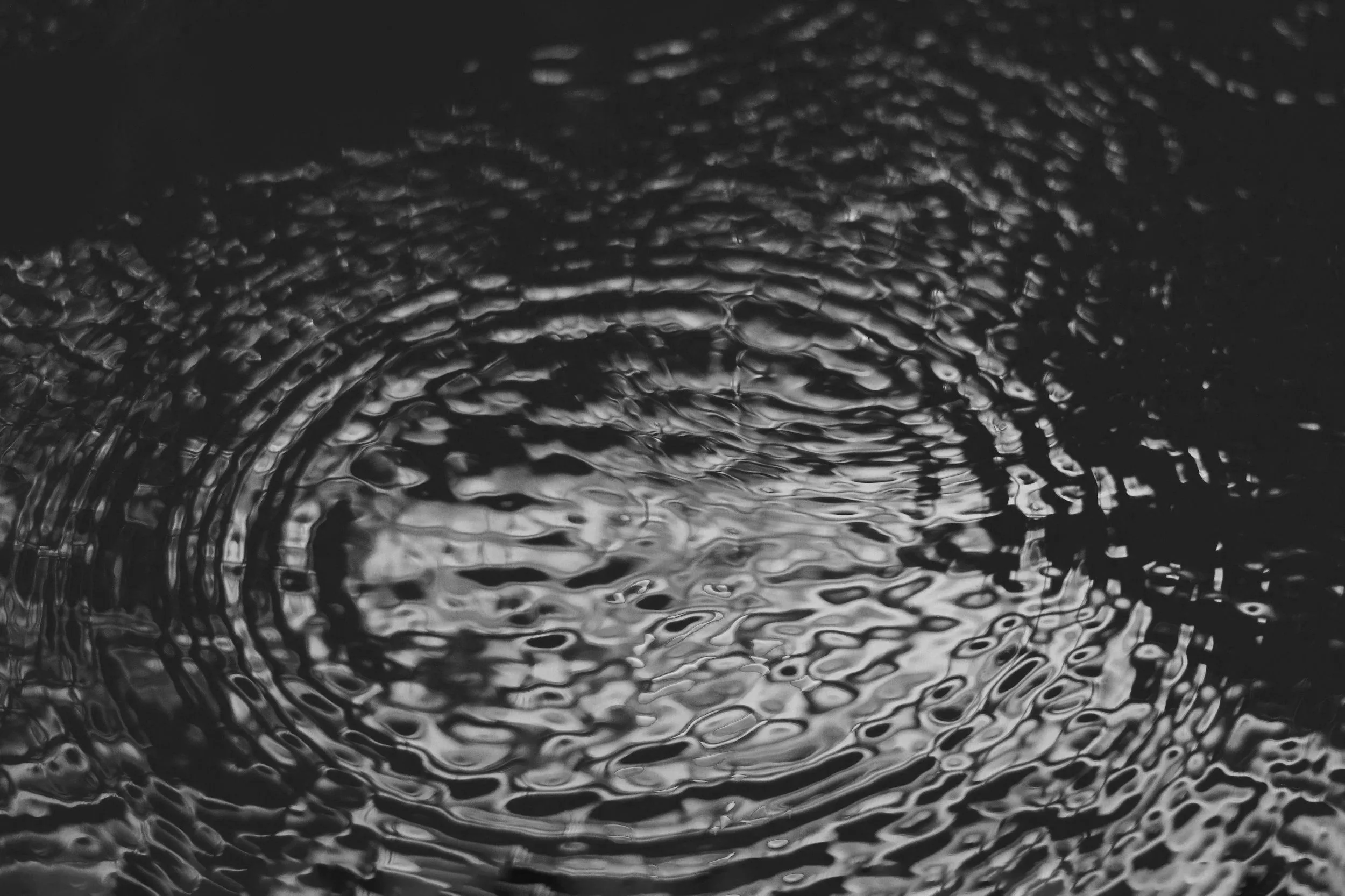 Rippled water surface with concentric circles in black and white.