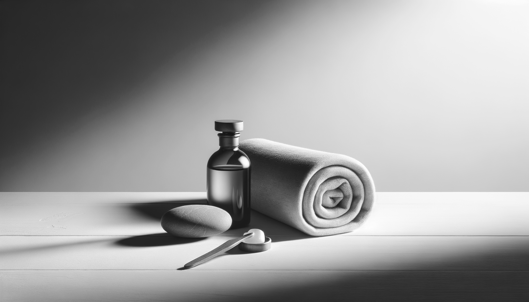 Black and white photo of a rolled towel, a bottle, a soap, and a wooden spoon with a small scoop, arranged on a white surface with shadows.