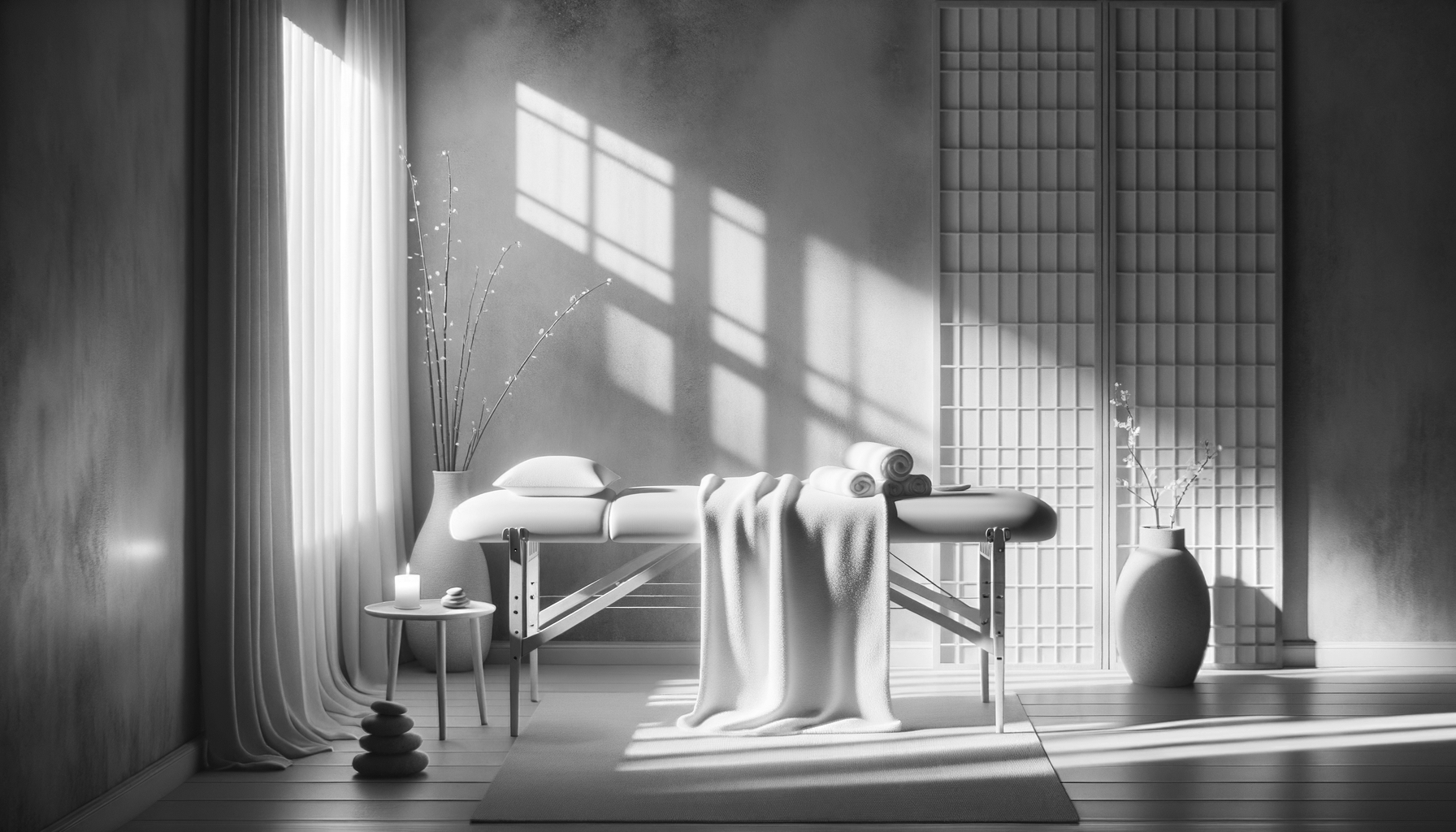 A massage table with rolled towels and a blanket in a sunlit room, flanked by tall vases with branches, with a folding screen and textured wall in the background.