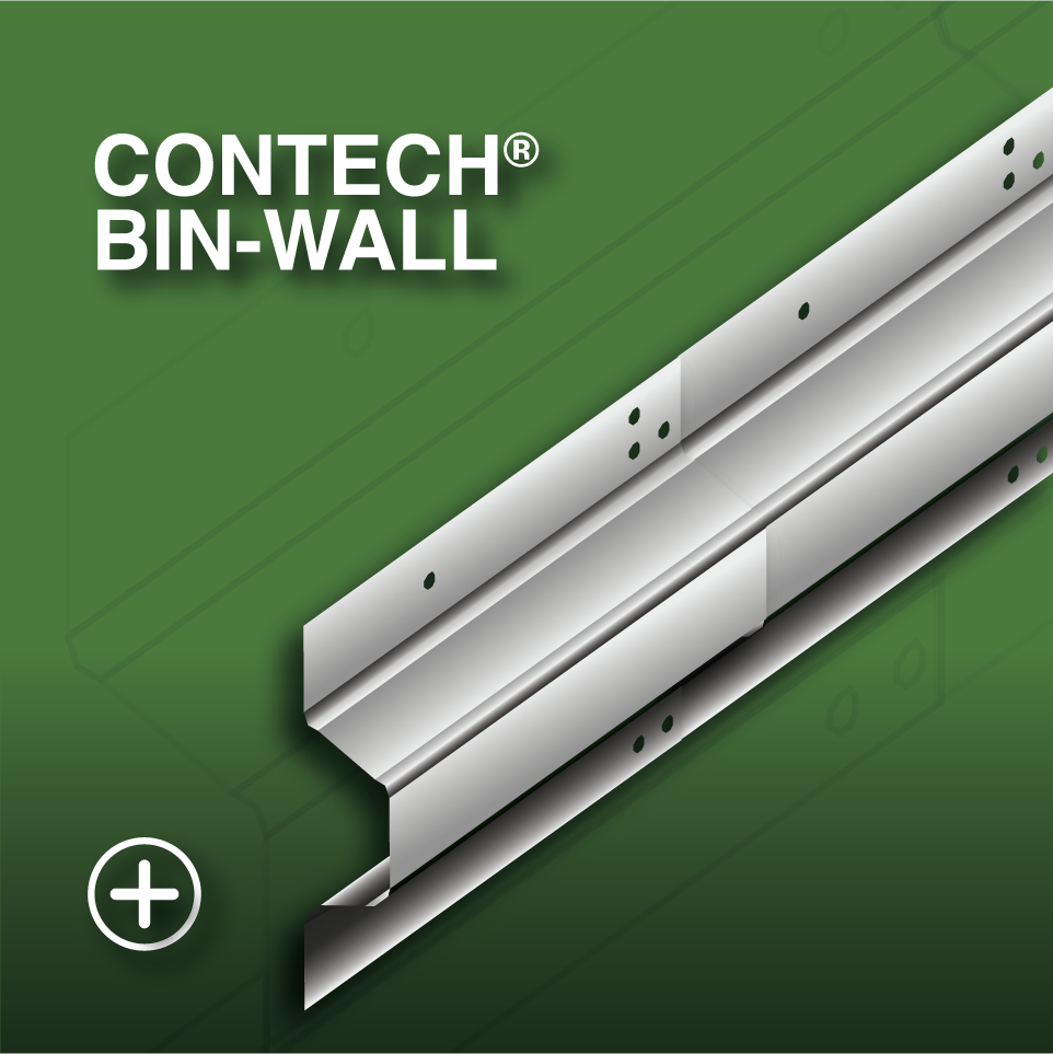 Imagen de una guía de montaje llamada CONTECH BIN-WALL, que muestra una pieza metálica para construcción en un fondo verde.