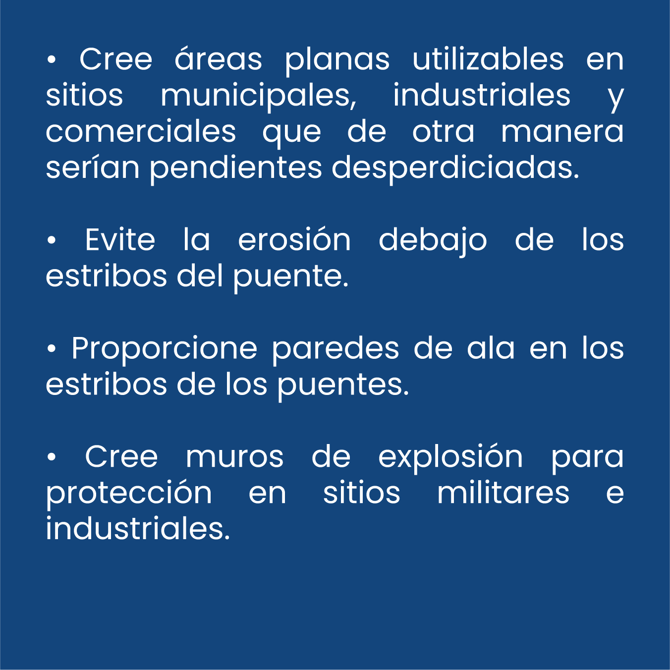 Texto en fondo azul con consejos para la construcción y protección de puentes y sitios militares, incluyendo creación de áreas verdes, evitar erosión, proporcionar paredes de ala y crear muros de explosión.