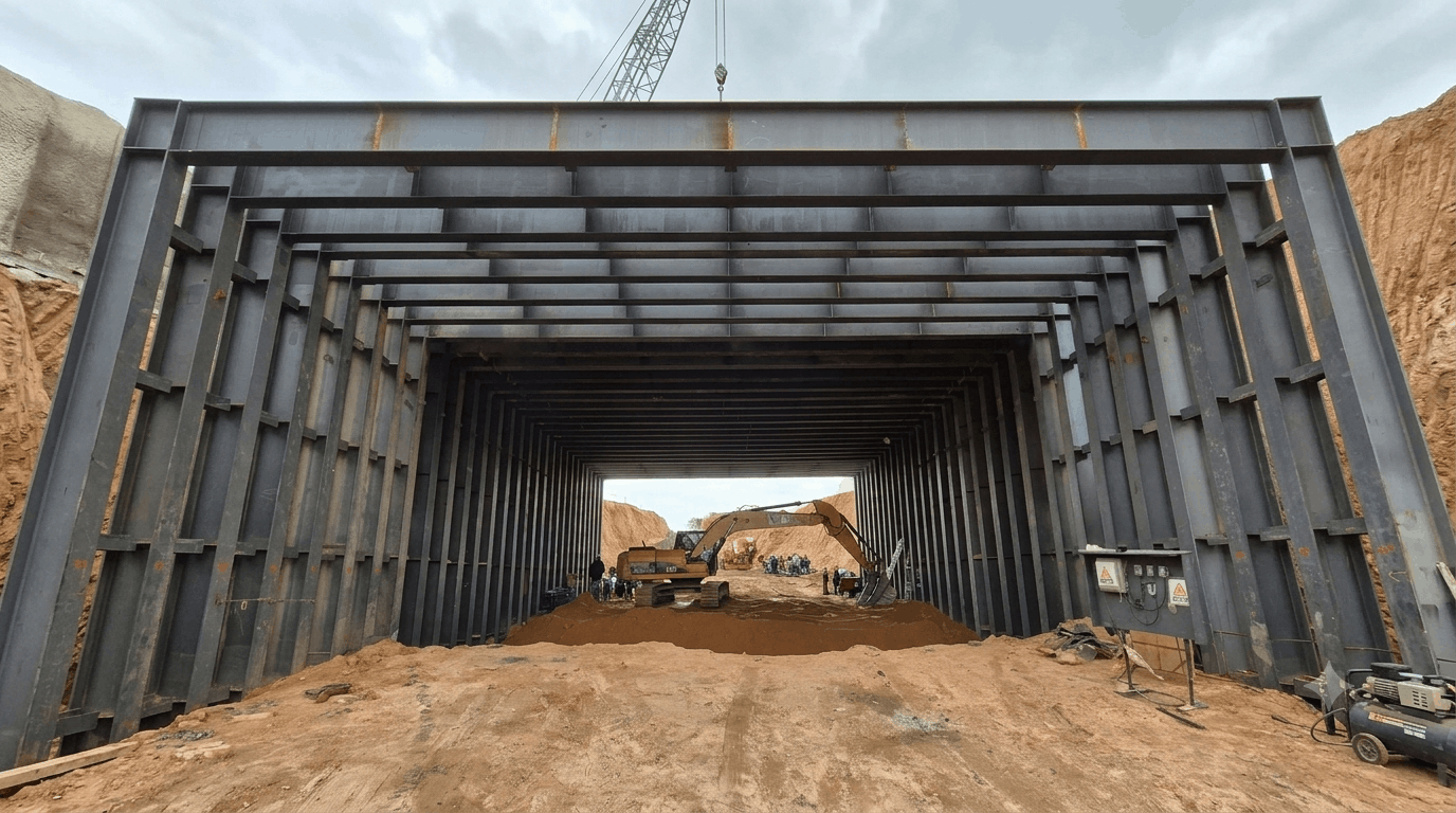 Construcción de un paso o tunel inferior ferroviario con estructura de vigas de acero, con maquinaria pesada y varias personas trabajando en el área.