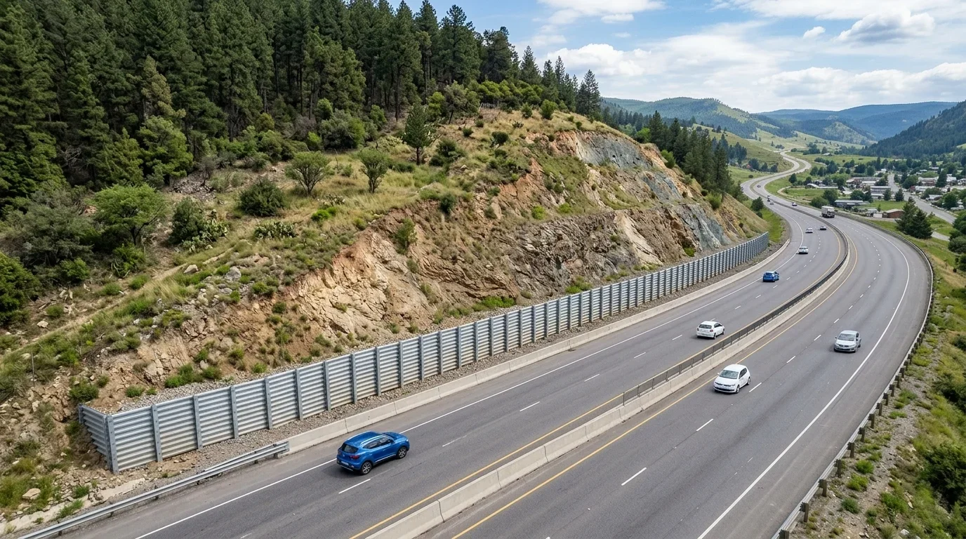 Carretera con varios autos circulando, el talud esta soportado por un muro de contención modular llamado Bin-Wall