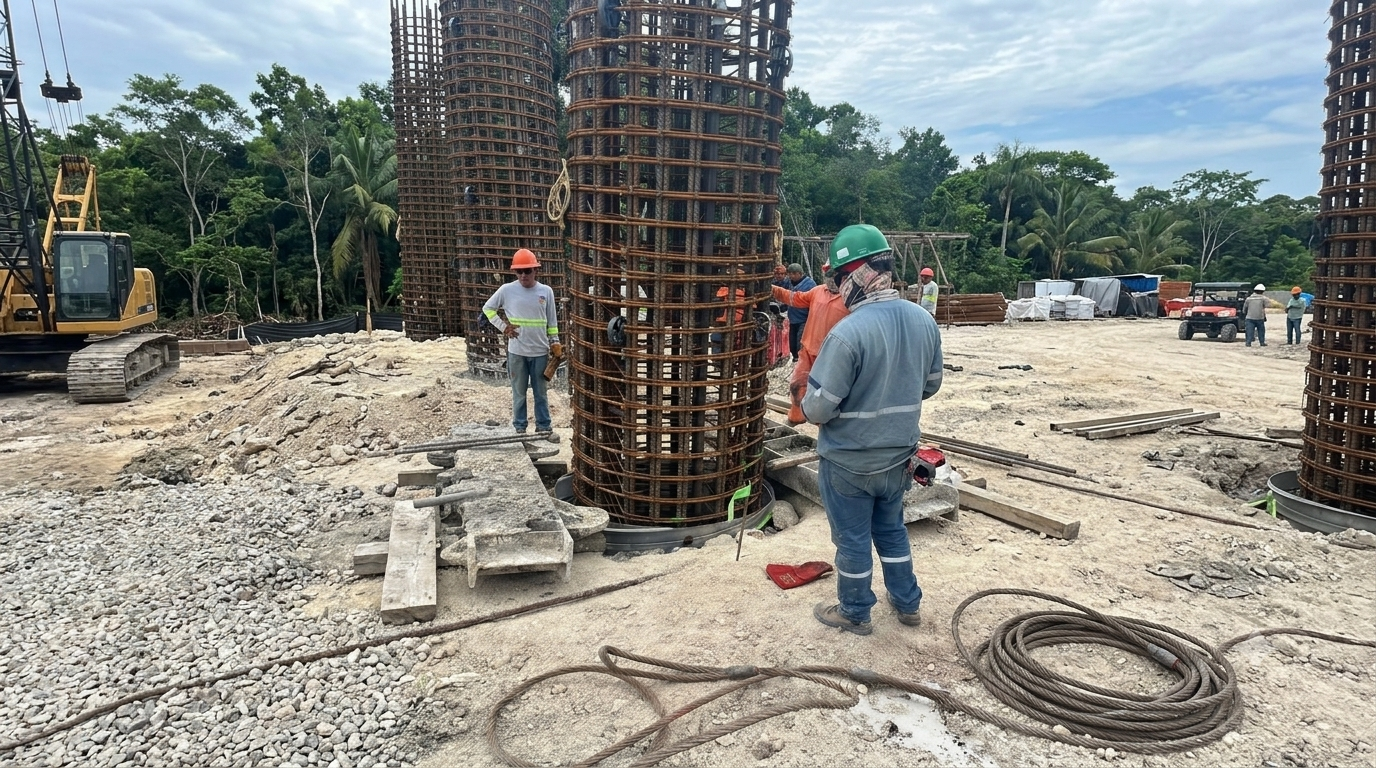 Obreros en una construcción, colocando acero de refuerzo para columnas de concreto, en un sitio con maquinaria pesada y rodeado de vegetación.