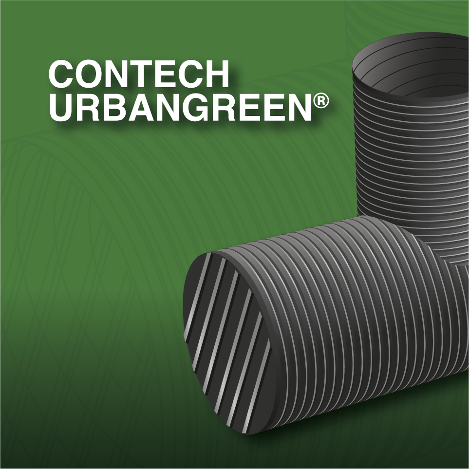Tubería flexible de color negro en una ilustración digital con fondo verde y texto 'CONTECH URBANGREEN'