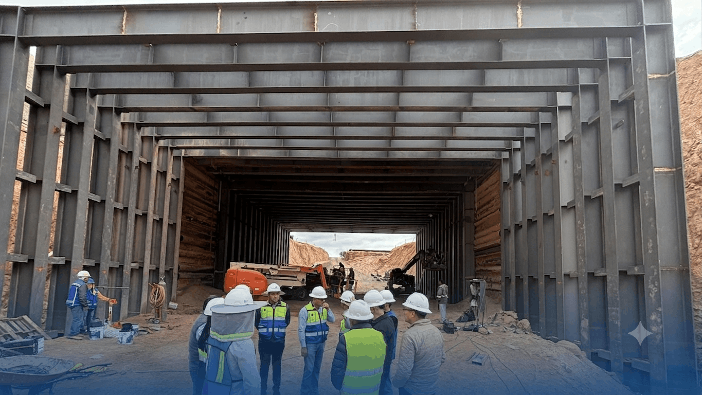 Grupo de personas con cascos en una construcción de túnel en una zona montañosa