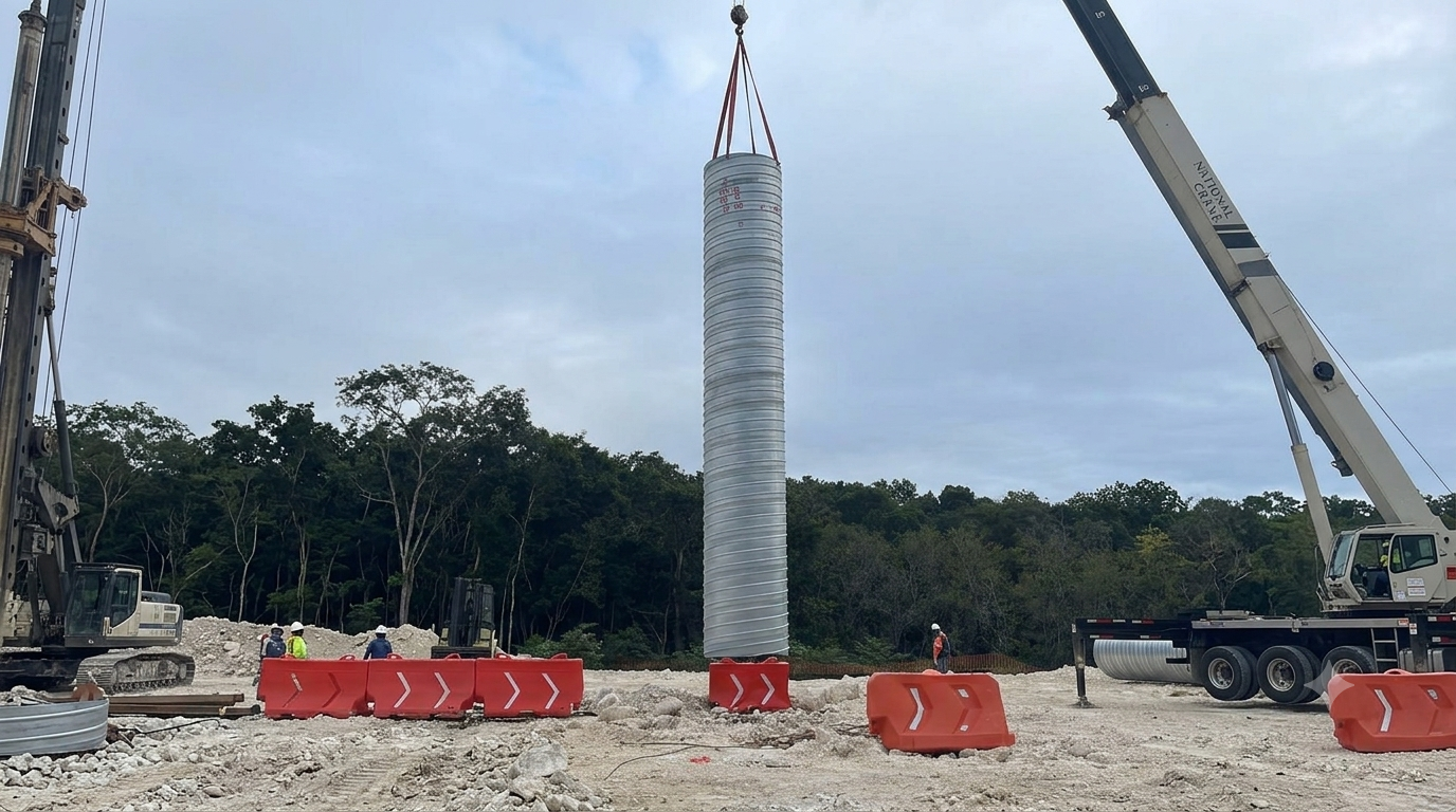 Maquinaria pesada levantando acero de refuerzo dentro de un ademe perdidoen un sitio de construcción rodeado de árboles.