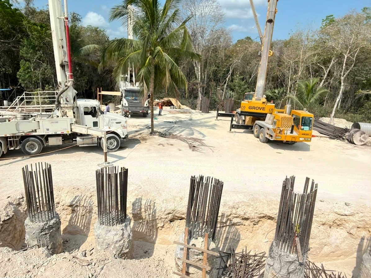 Obra en construcción con maquinaria pesada, pilas en proceso de construcción con Ademe pérdido para un PIV