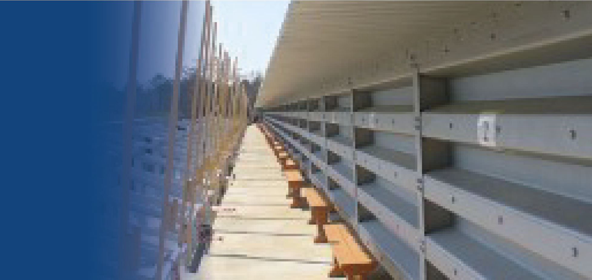 Pasarela peatonal de madera con barandilla de metal, en un ambiente exterior, con vegetación y cielo visible en el fondo.