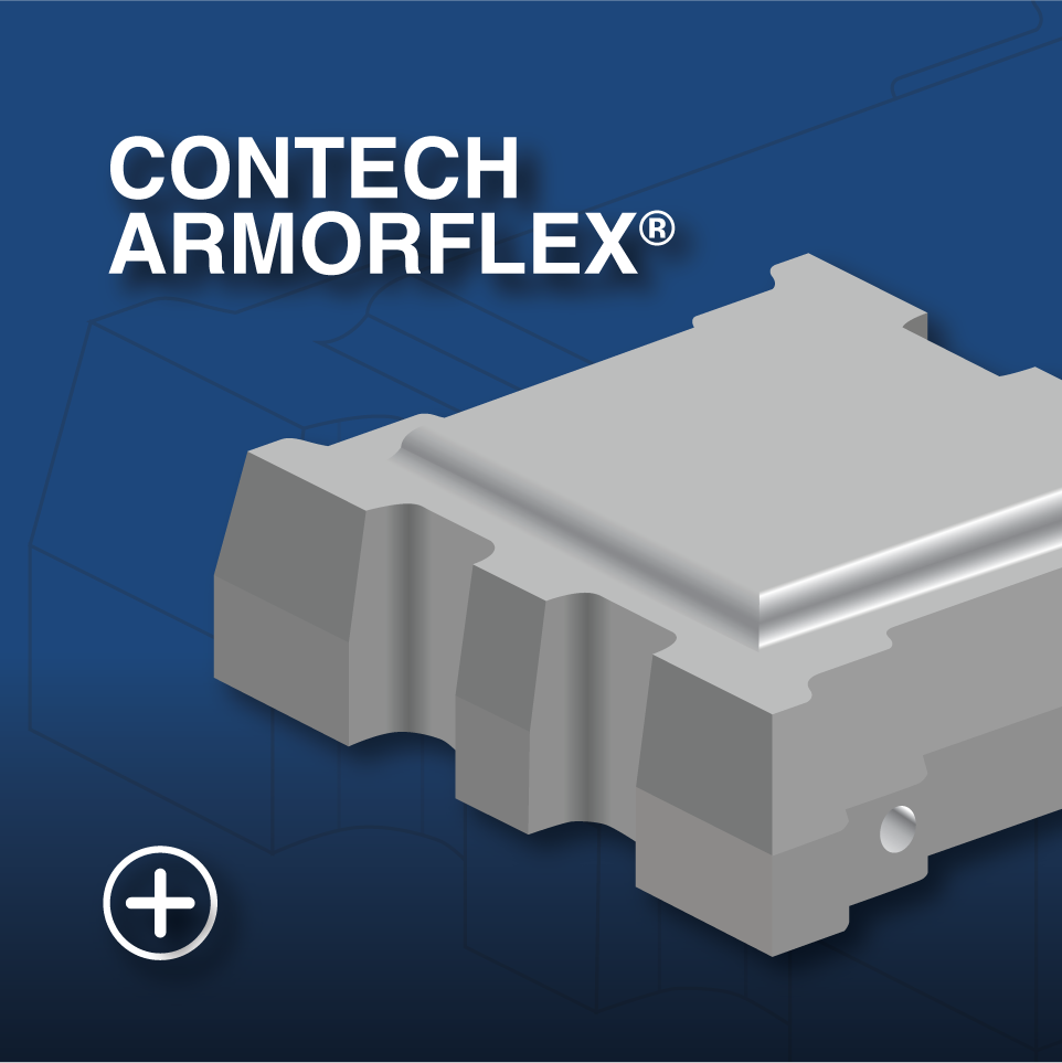 Imagen de un componente metálico gris con fondo azul y texto que dice 'CONTECH ARMORFLEX'.