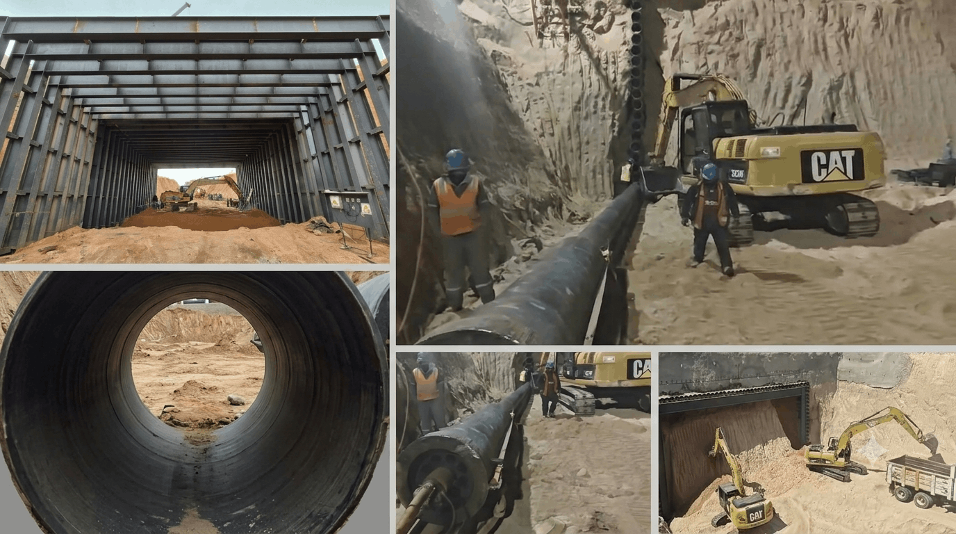 Imágenes de una construcción de una estructura de túnel y trabajos en un sitio de excavación con maquinaria pesada y operarios.