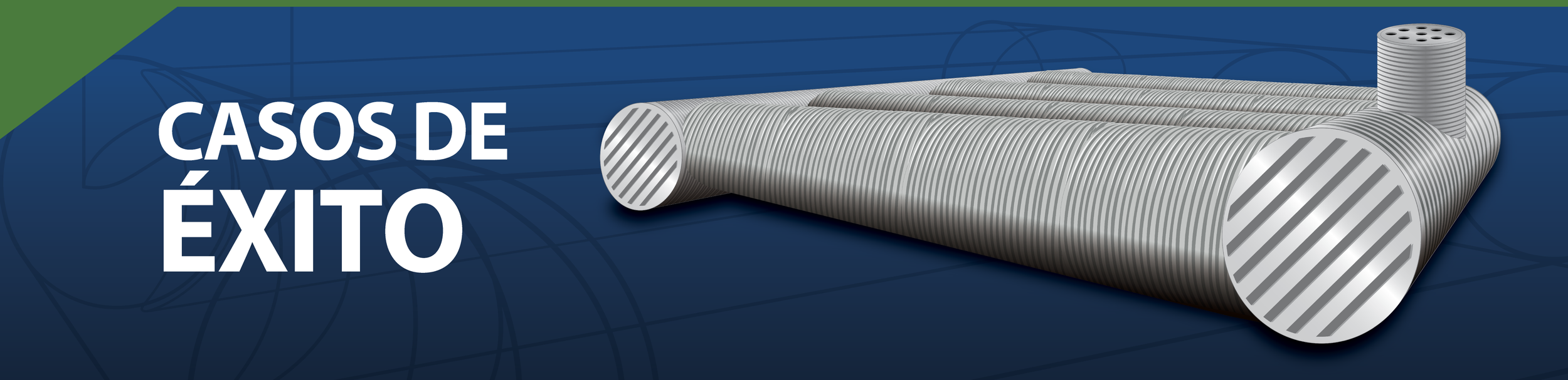 Ilustración de un radiador de coche gris con fondo azul y texto en blanco que dice 'Casos de éxito'.