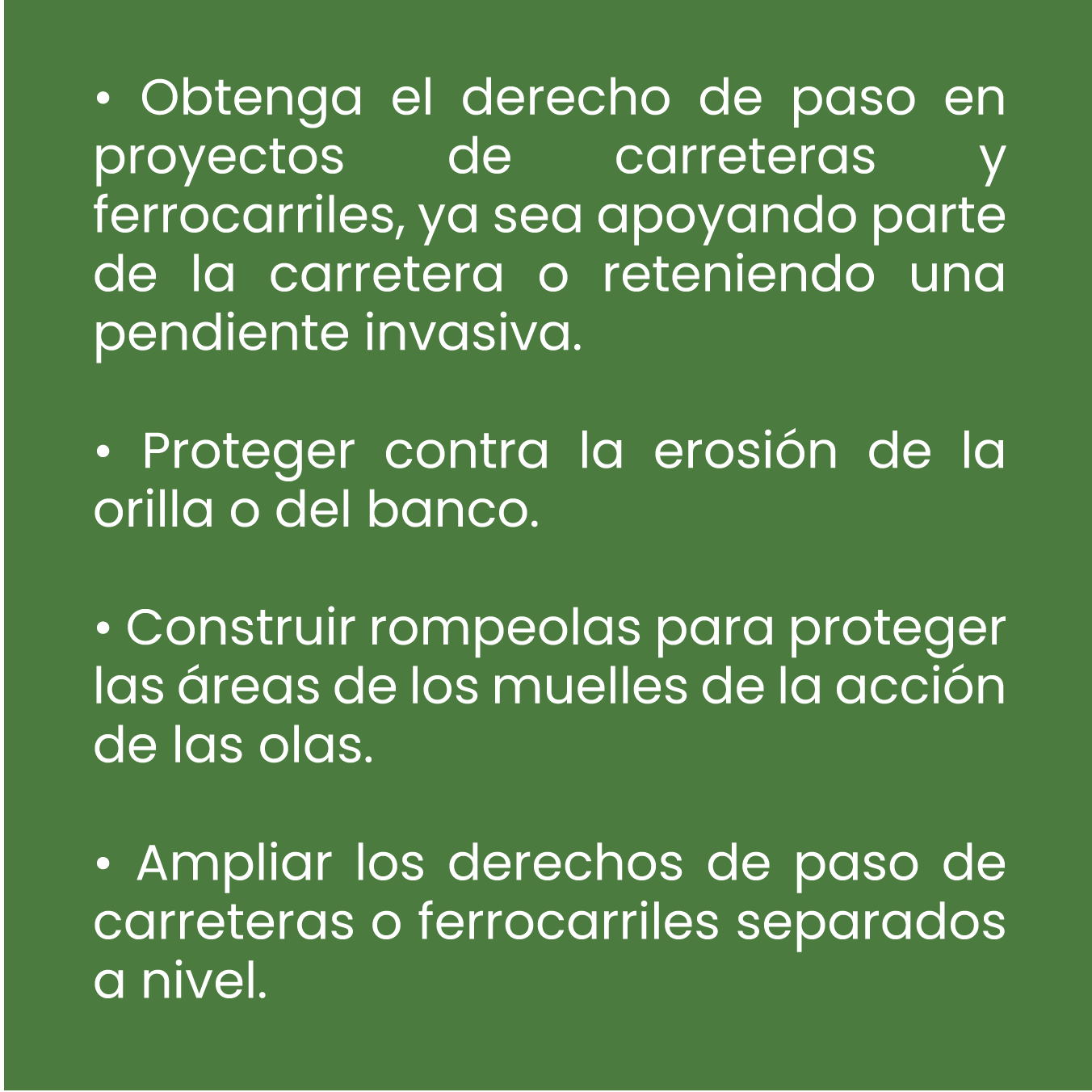 Instrucciones para mejorar la infraestructura vial, incluyendo obtener derechos de paso, proteger contra erosión, construir rompeolas y ampliar derechos de paso en carreteras y ferrocarriles. CONTECH MÉXICO LINER PLATE