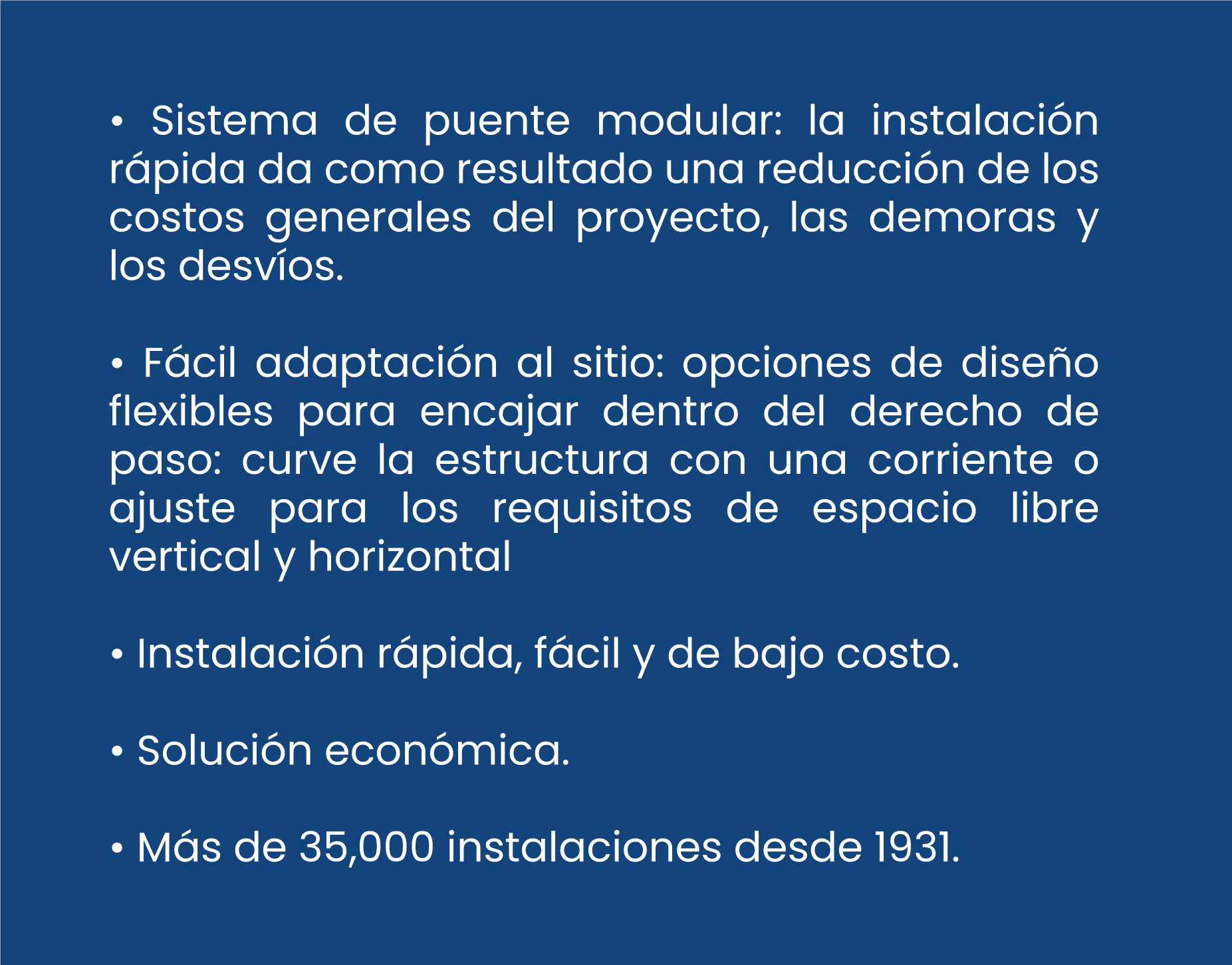 ventajas de un sistema de puente modular, incluyendo fácil adaptación, instalación rápida, solución económica y experiencia con más de 35,000 instalaciones desde 1931. contech méxico