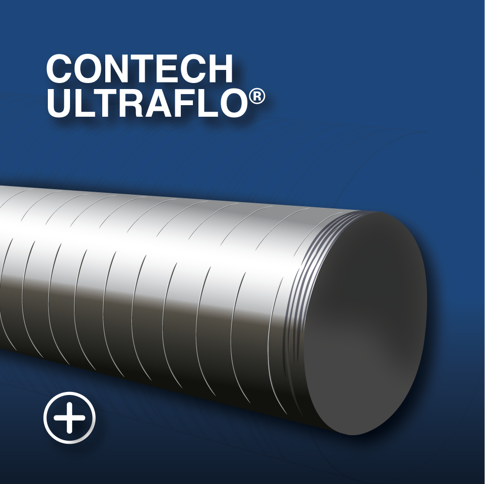 Caja de producto Contech Ultraflo con una imagen de un tubo metálico cilíndrico