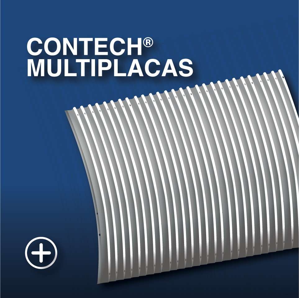 Paquete de múltiples láminas metálicas de color plateado, incluidas en una caja o envase de fondo azul con texto en blanco que dice 'CONTECH MULTIPLAS'.