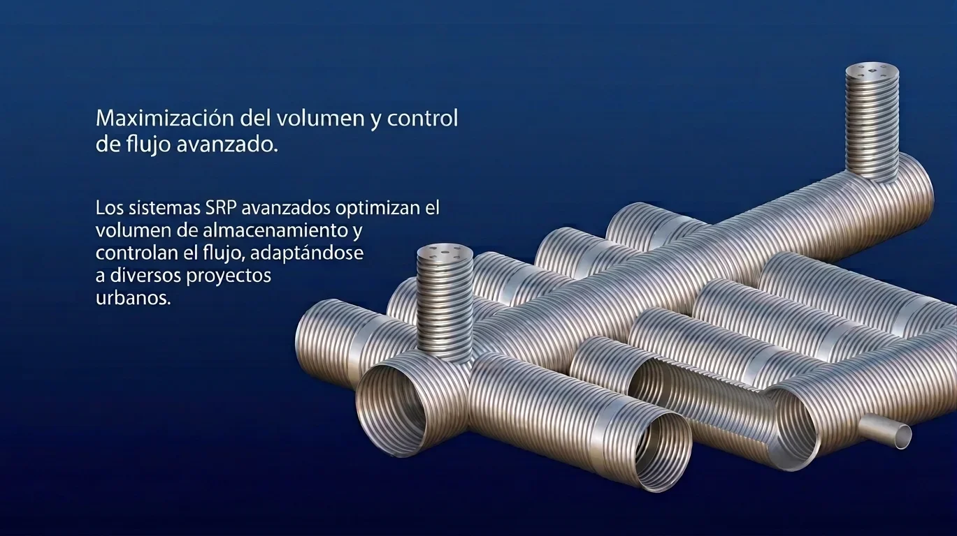 Ilustración de sistemas de recolección pluvial (SRP) que sirven para la optimización del volumen y control del flujo en sistemas avanzados de almacenamiento de aguas pluviales que ayudan a e evitar inundaciones