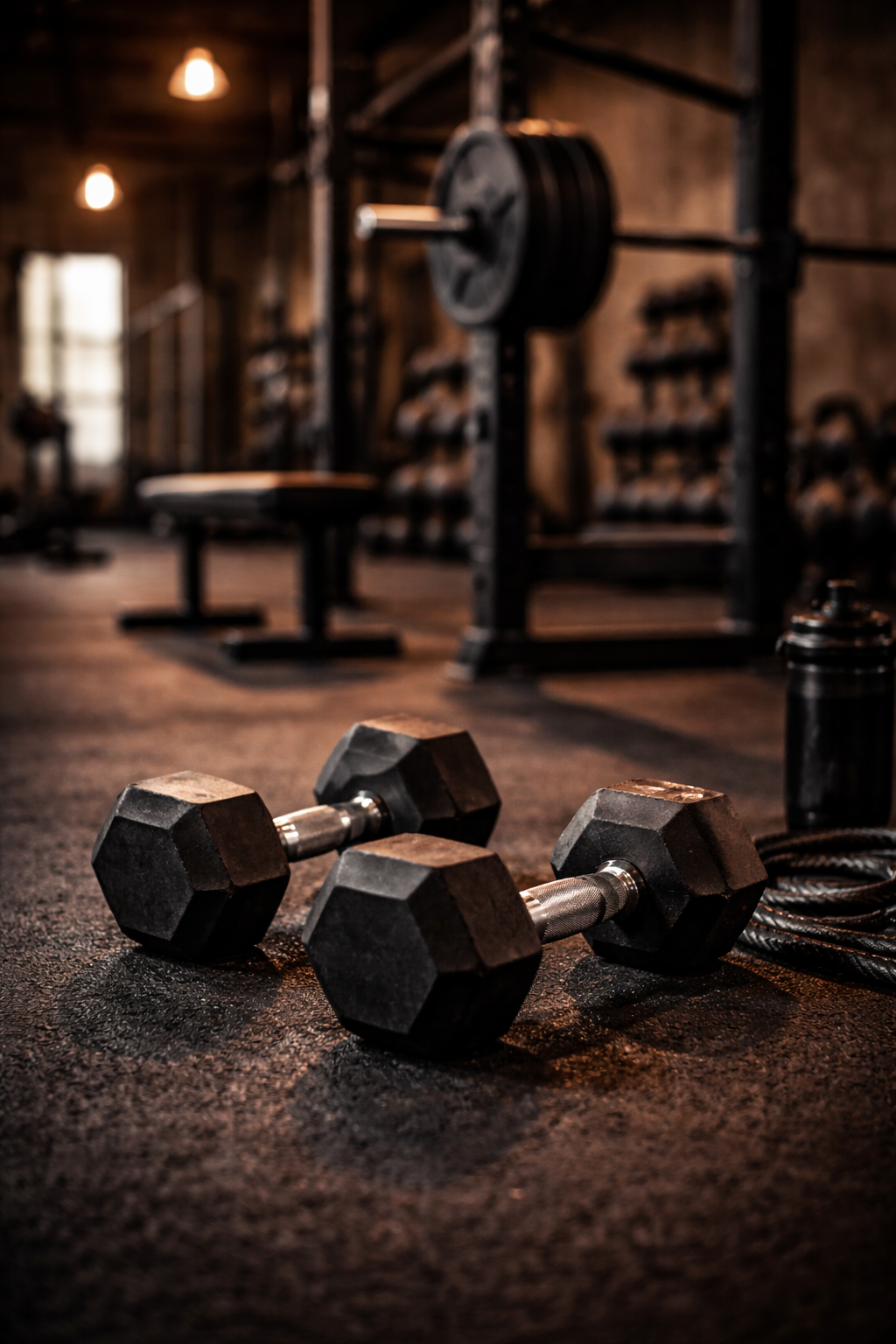 Pair of black dumbbells on gym floor in a rustic workout space with weightlifting equipment in background.