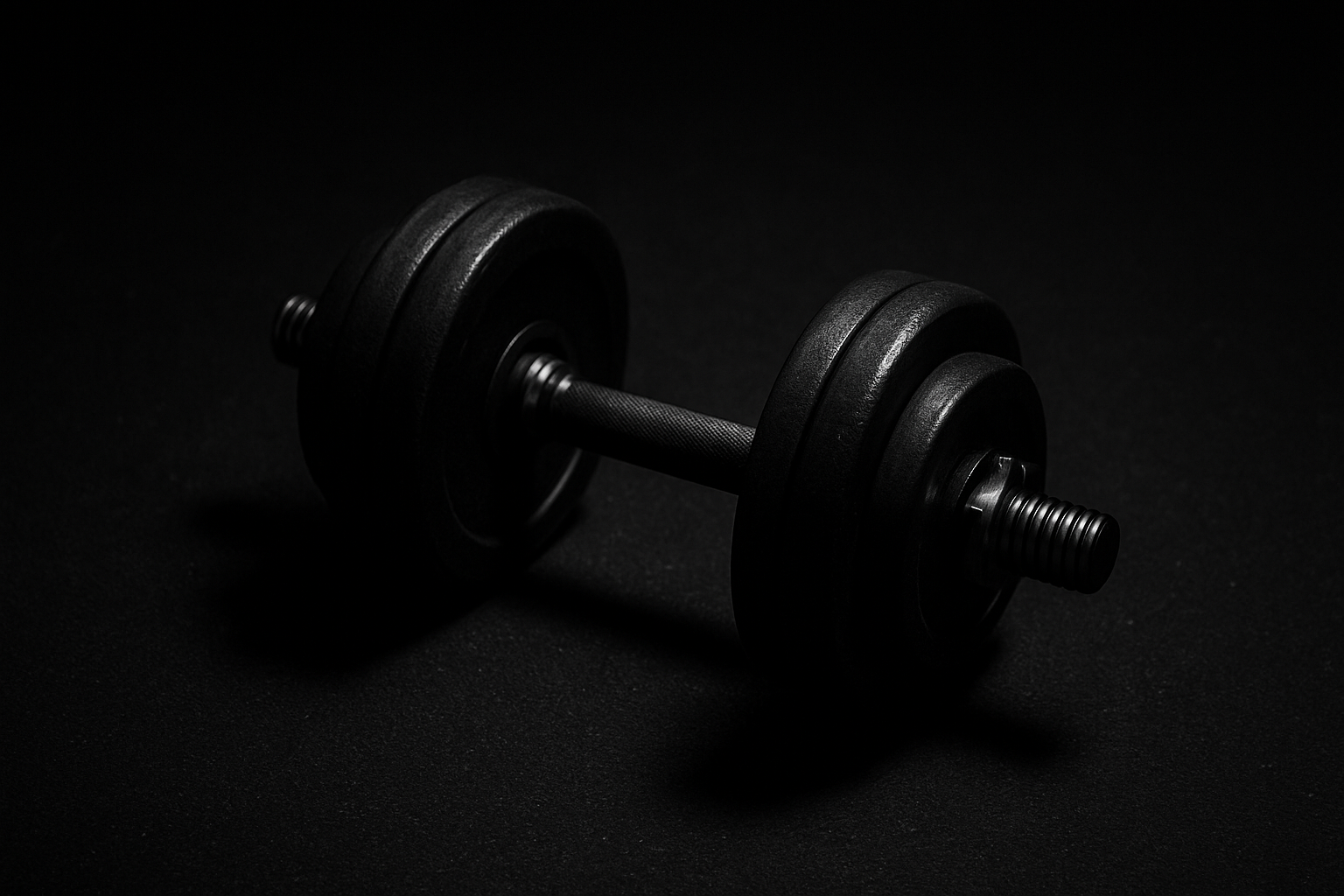 A black dumbbell with textured handle and multiple weight plates on a dark surface.