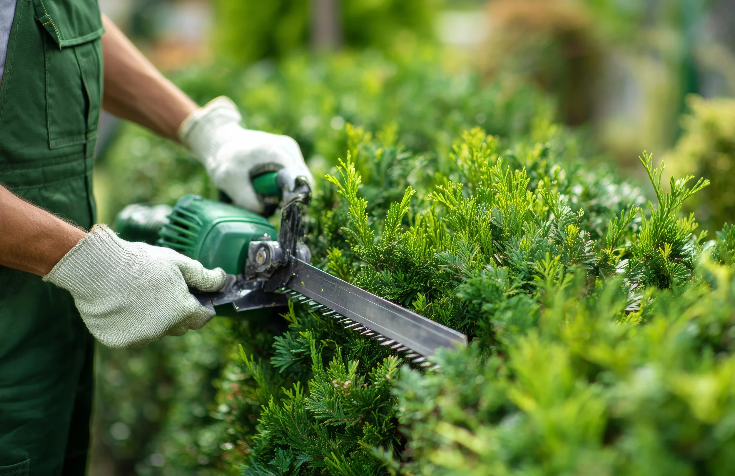 Person trimming green bushes with hedge trimmer in a garden.