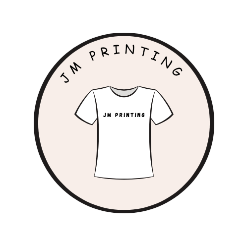 Circular logo with text 'JM PRINTING' and a white T-shirt with 'JM PRINTING' printed on the front.