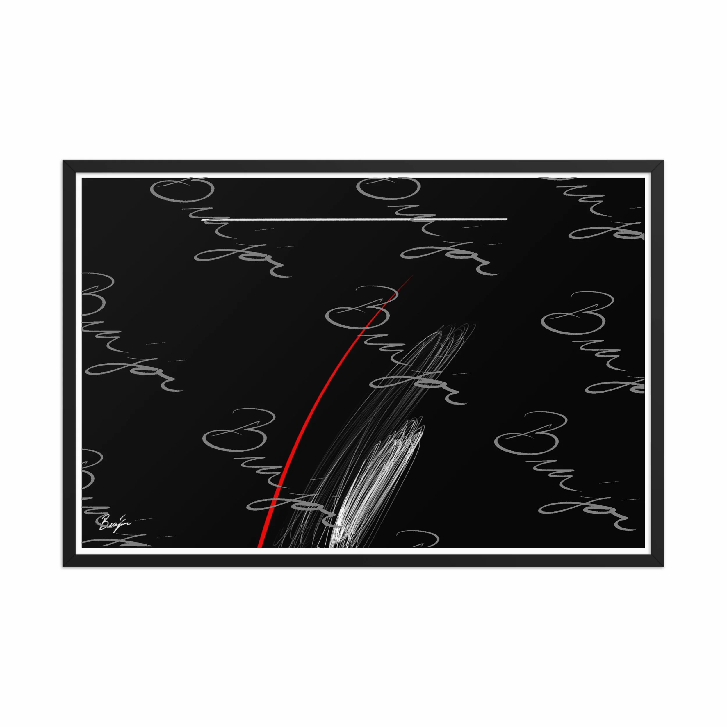 24x36 Black Framed Self Titled Abstract artwork ‘Bra’jor’ designed by the digital abstract artist Bra'jor. Artwork includes the colors Black, Red, and White