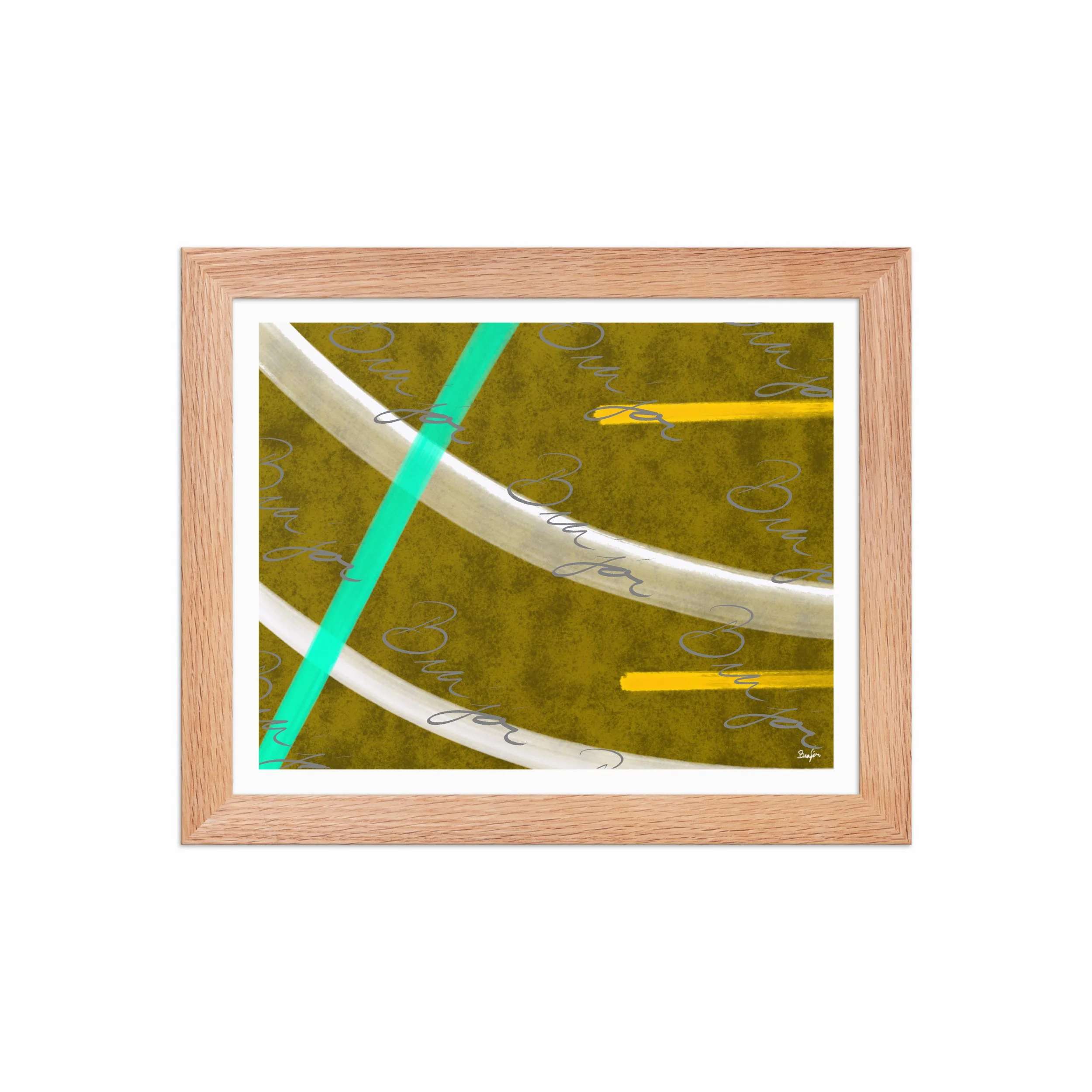 8x10 Red Oak Framed Abstract artwork titled Hushed designed by the digital abstract artist Bra'jor. Artwork includes the colors Orange, Yellow, White, and Blue
