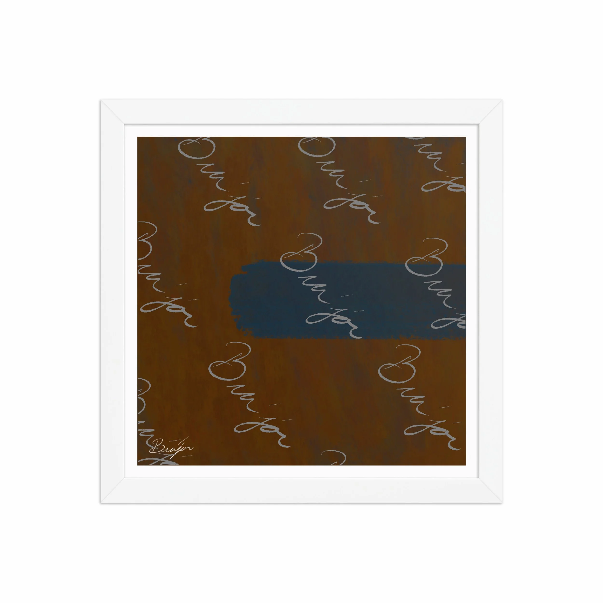 12x12 White Framed Abstract artwork titled Distraction designed by the digital abstract artist Bra'jor. Artwork includes the colors Brown, Blue, and Orange