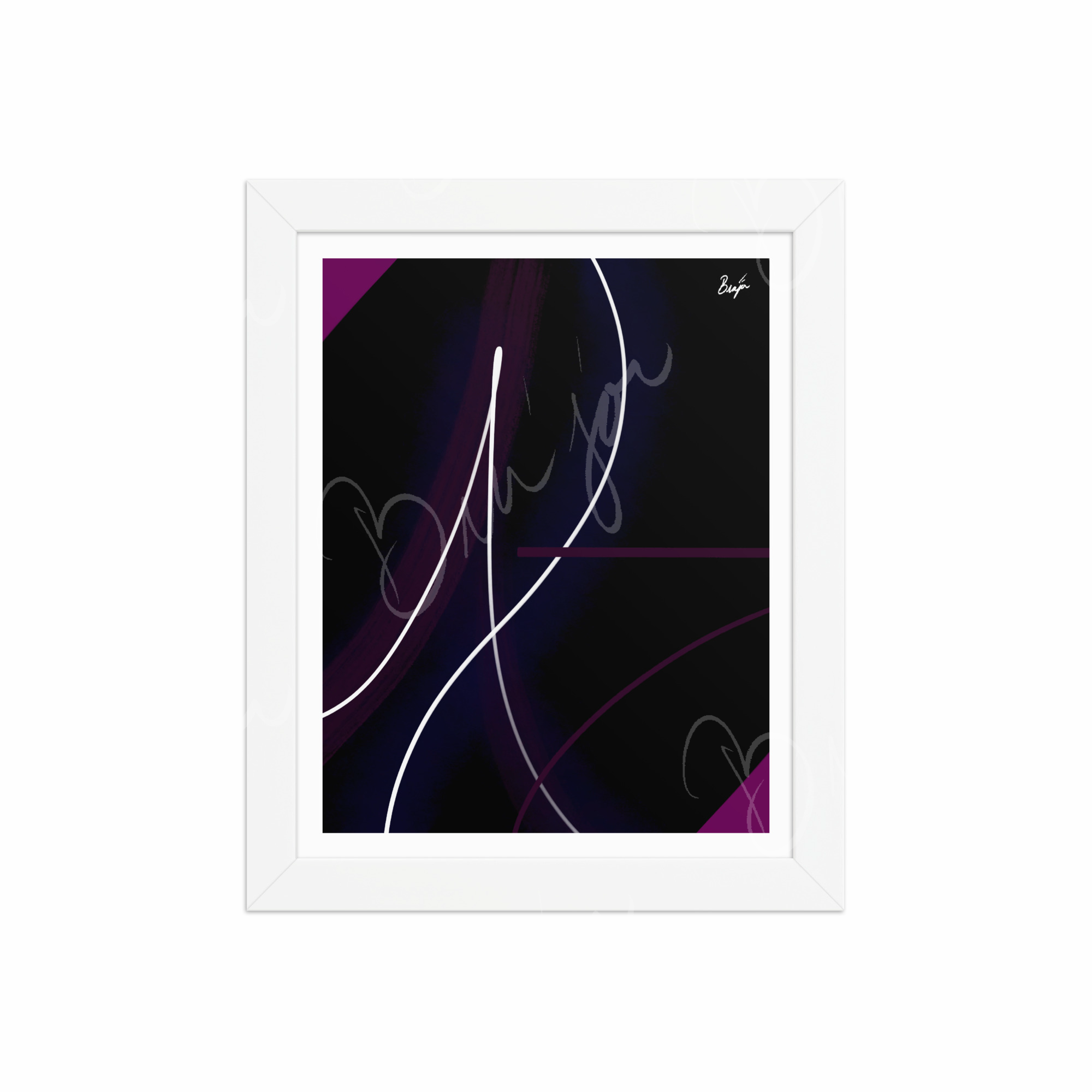 8x10 White Framed Abstract artwork titled Poised designed by the digital abstract artist Bra'jor. Artwork includes the colors Purple, Pink, Blue, and White