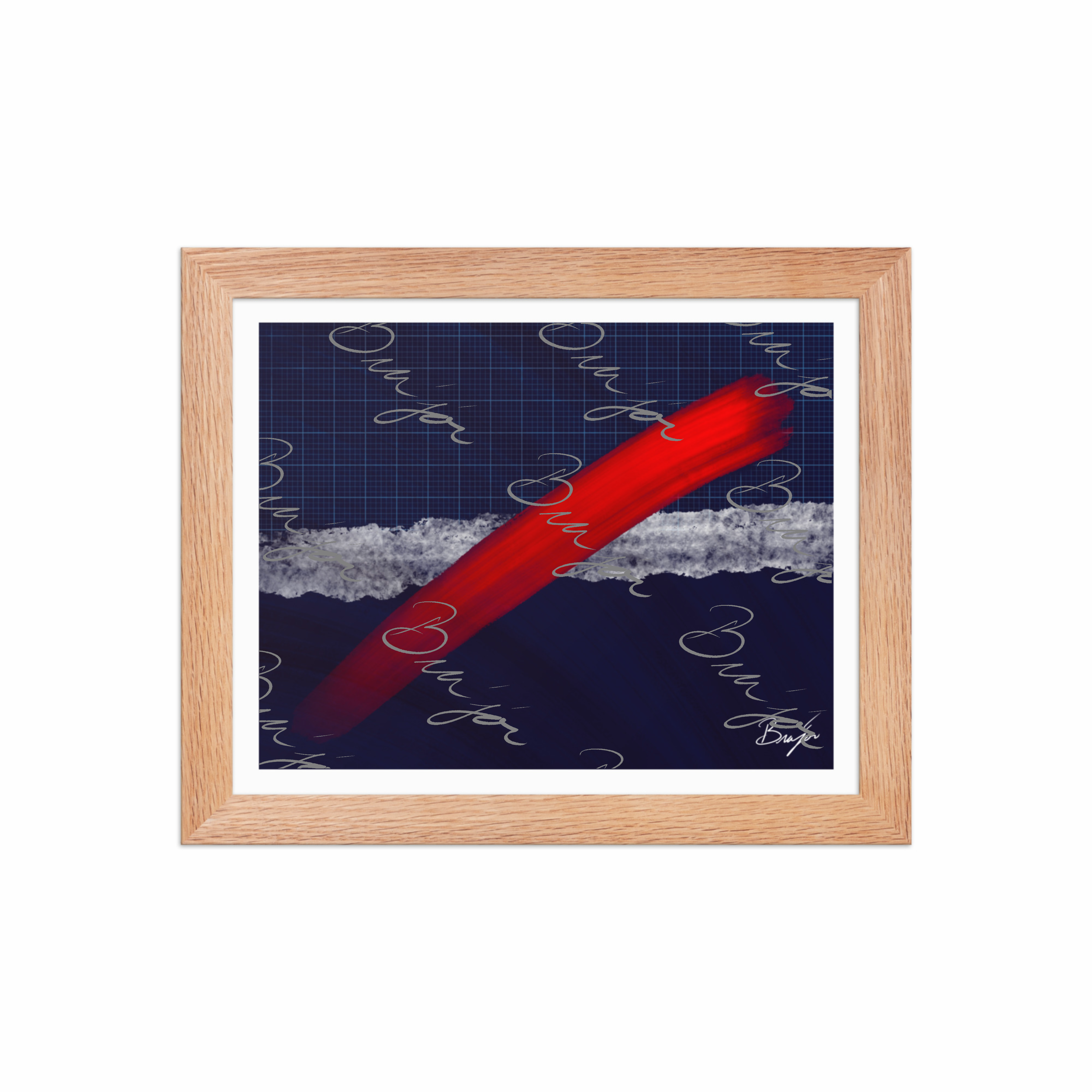 8x10 Red Oak Framed abstract artwork titled Strike designed by the digital abstract artist Bra'jor. Artwork includes the colors Red, Blue, white, and Gray