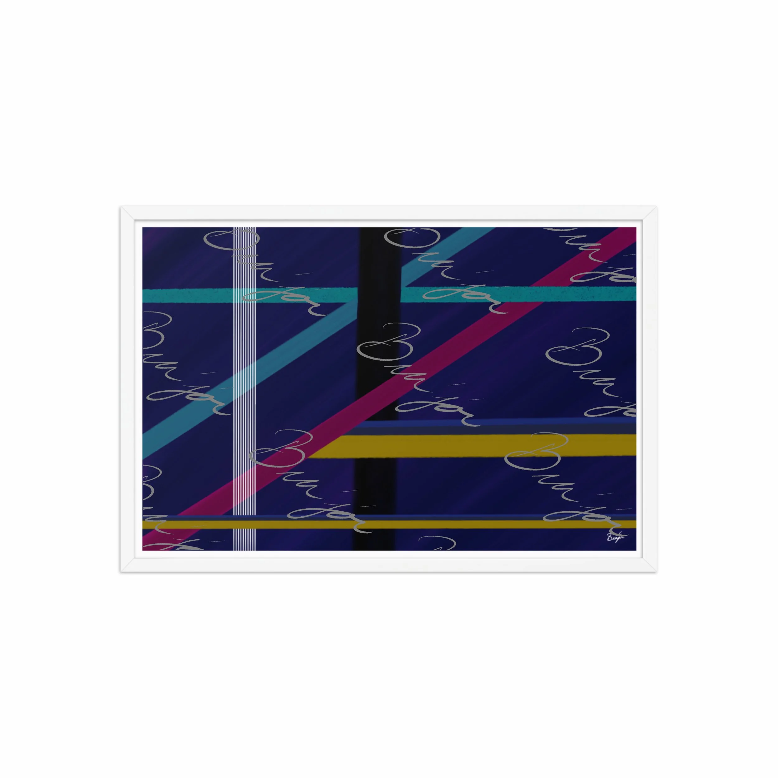 20x30 White Framed Abstract artwork titled Destinations designed by the digital abstract artist Bra'jor. Artwork includes the colors Black, Blue, Yellow, Pink, and White