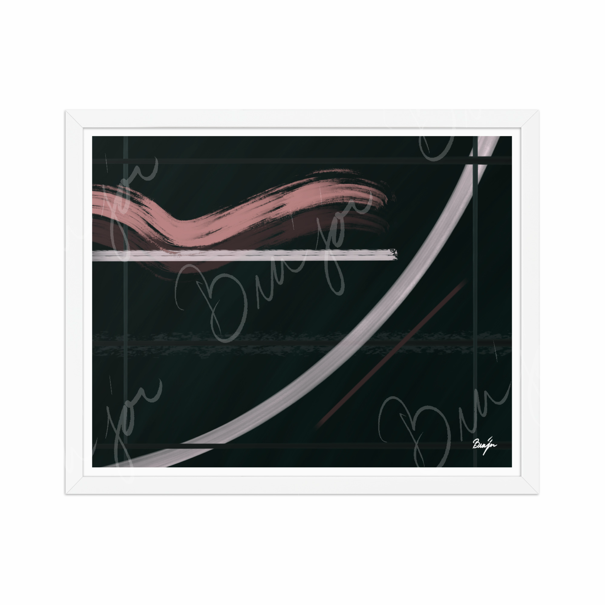 16x20 White Framed Abstract artwork titled Together designed by the digital abstract artist Bra'jor. Artwork includes the colors Brown, Pink, Green, and White