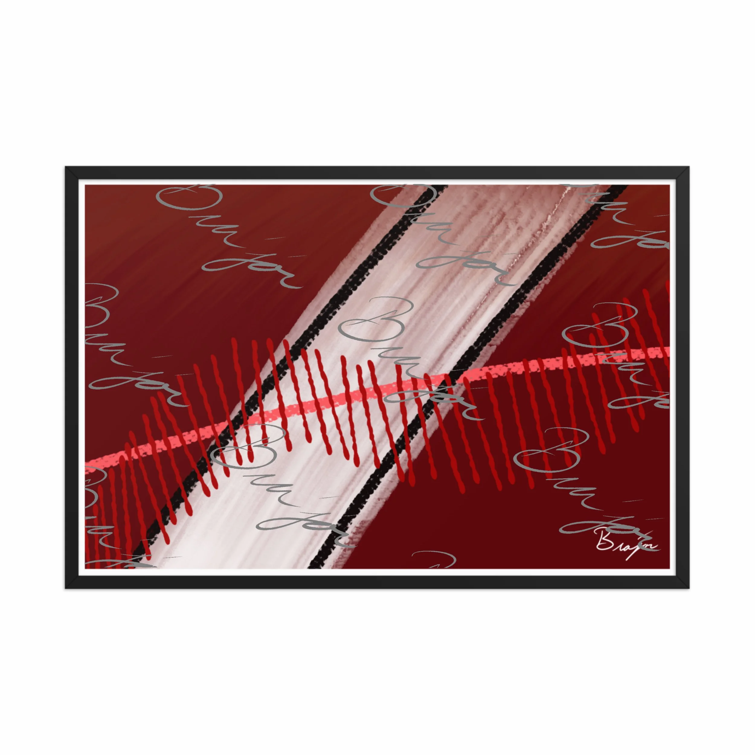 24x36 Black Framed abstract artwork titled Confined designed by the digital abstract artist Bra'jor. Artwork includes the colors Red, Pink, Black, Maroon, and White