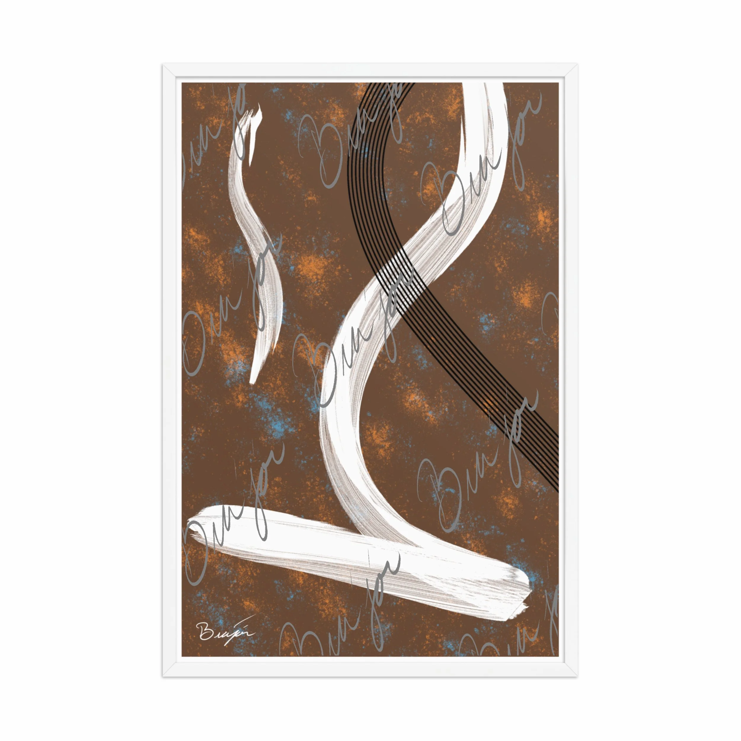 24x36 White Framed abstract artwork titled My Heart designed by the digital abstract artist Bra'jor. Artwork includes the colors Brown, Orange, Blue, White, and Black
