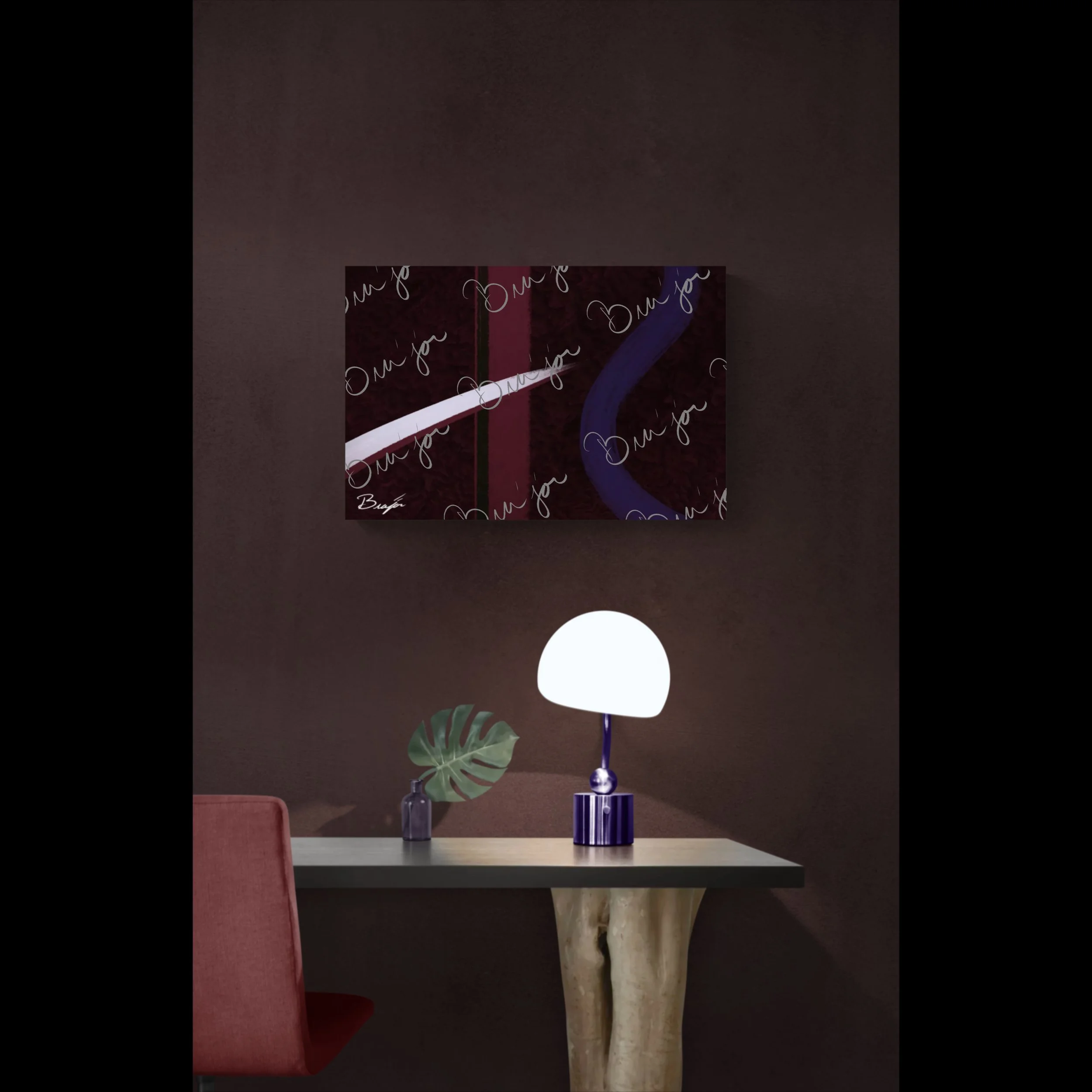 Canvas abstract artwork titled The Walk designed by the digital abstract artist Bra'jor. Artwork includes the colors Maroon, Black, Purple, and White