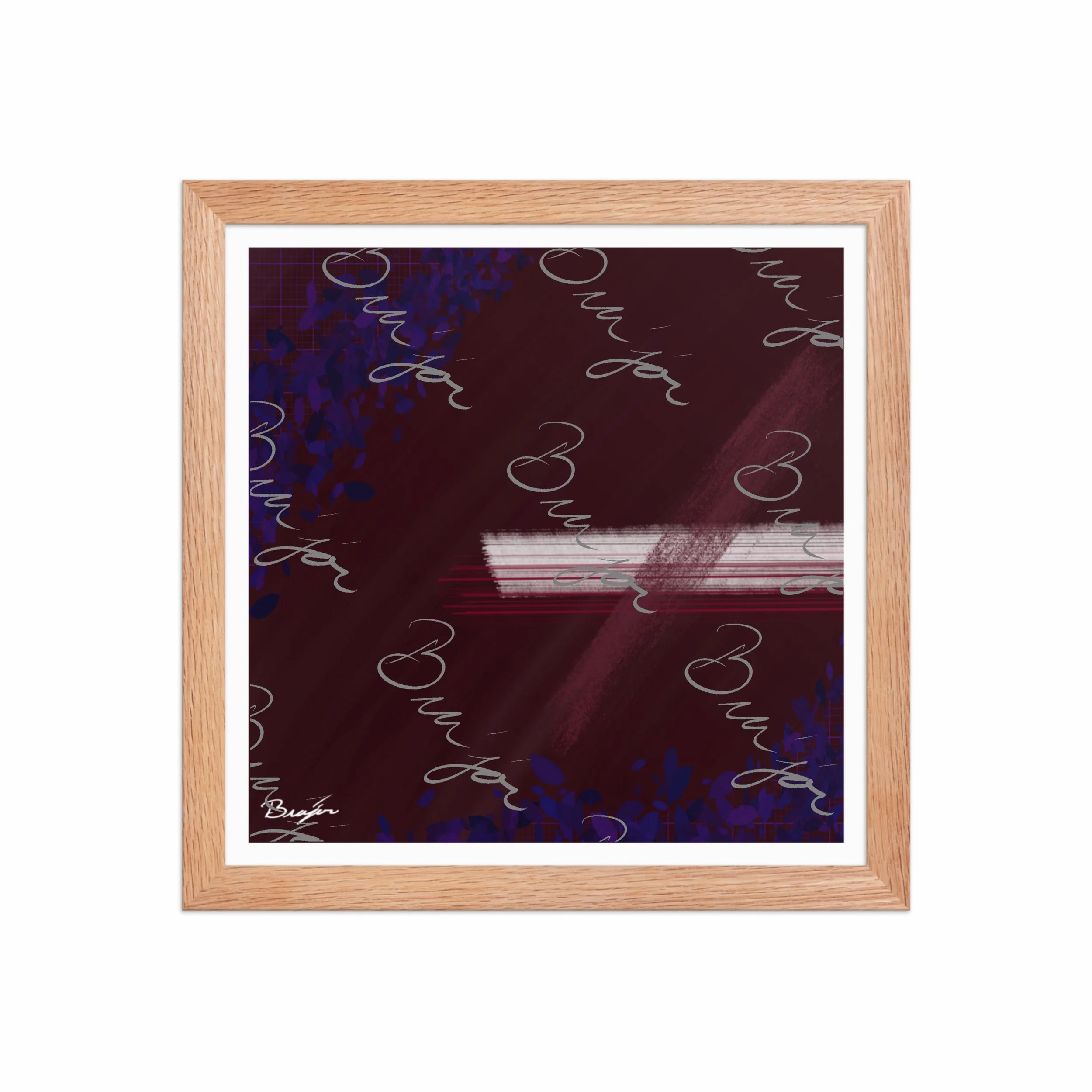 12x12 Red Oak framed abstract artwork titled Guarded designed by the digital abstract artist Bra'jor. Artwork includes the colors Maroon, Black, Blue, and White