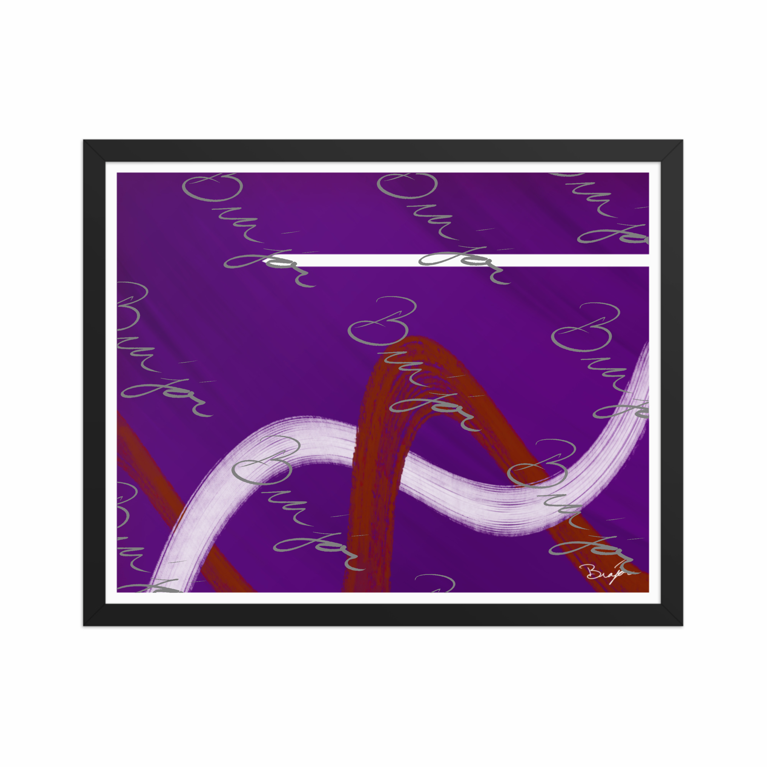 16x20 Black Framed abstract artwork titled Quiet designed by the digital abstract artist Bra'jor. Artwork includes the colors Purple, Red, and White
