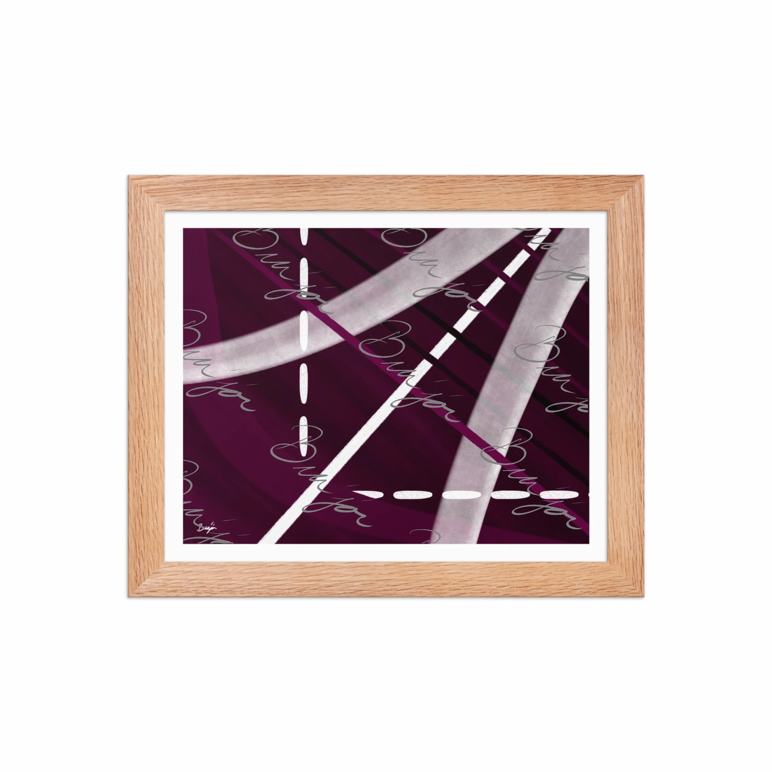 8x10 Red Oak Framed abstract artwork titled Tuning designed by the digital abstract artist Bra'jor. Artwork includes the colors Purple, Black, Gray, and White