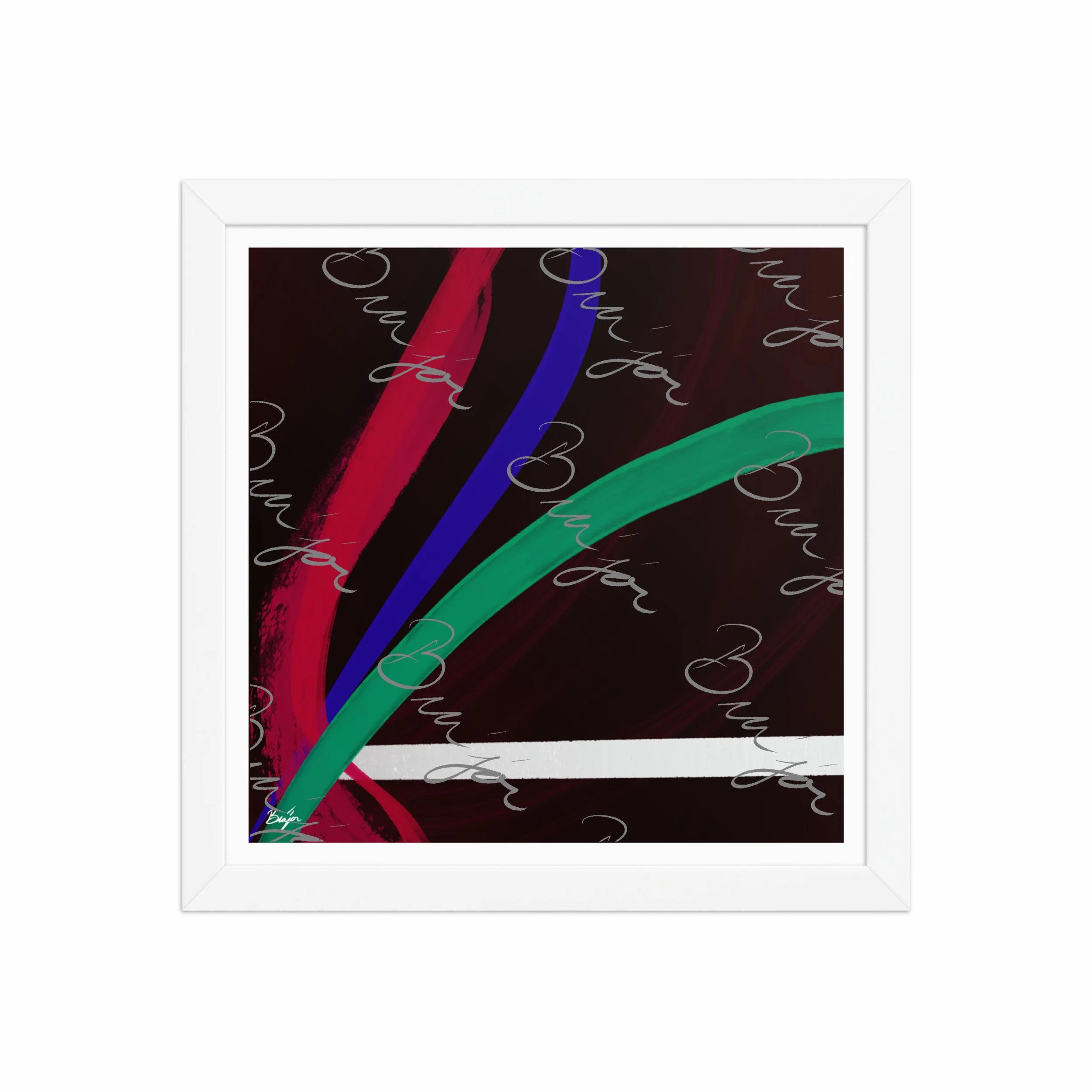 12x12 White Framed Abstract artwork titled Journey designed by the digital abstract artist Bra'jor. Artwork includes the colors Red, White, Green, and Blue