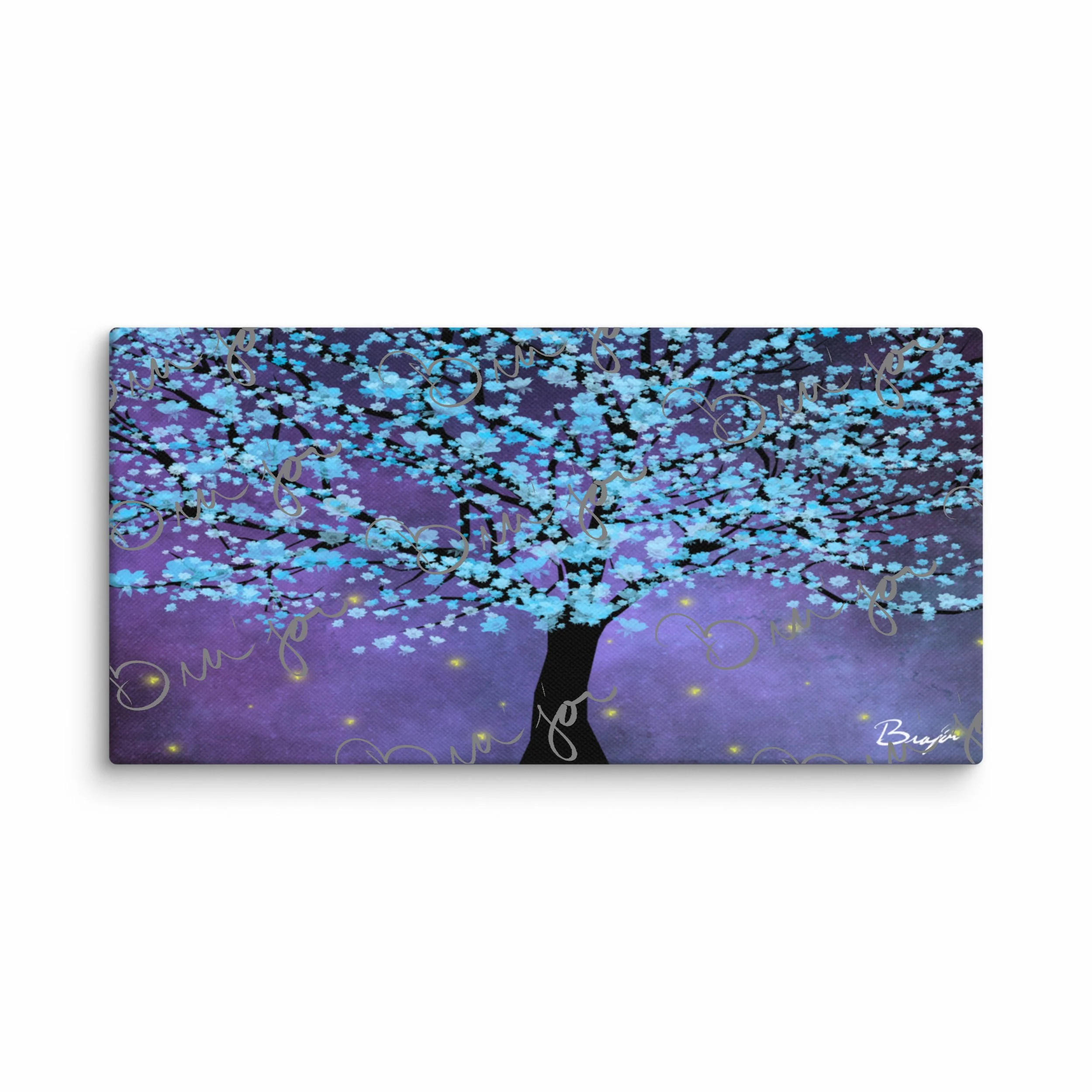 10x20 Abstract canvas artwork titled Midnight Bloom designed by the digital abstract artist Bra'jor. Artwork includes the colors Baby Blue, Blue, Black, Yellow, and White